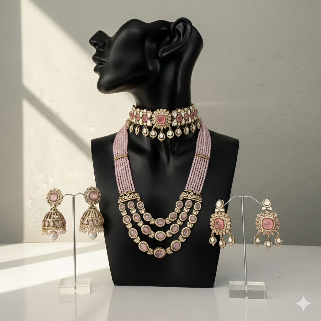 mossanite polki jewellery chokar set and mala in pink stones and onyx 